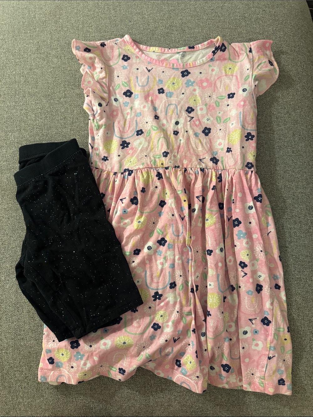 5/$15- Pink Floral Girls Dress with Black Sparkle Leggings